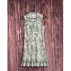 Laura Ashley Dress Womens Small Green White Leaf Print Sleeveless Ruffle Hem